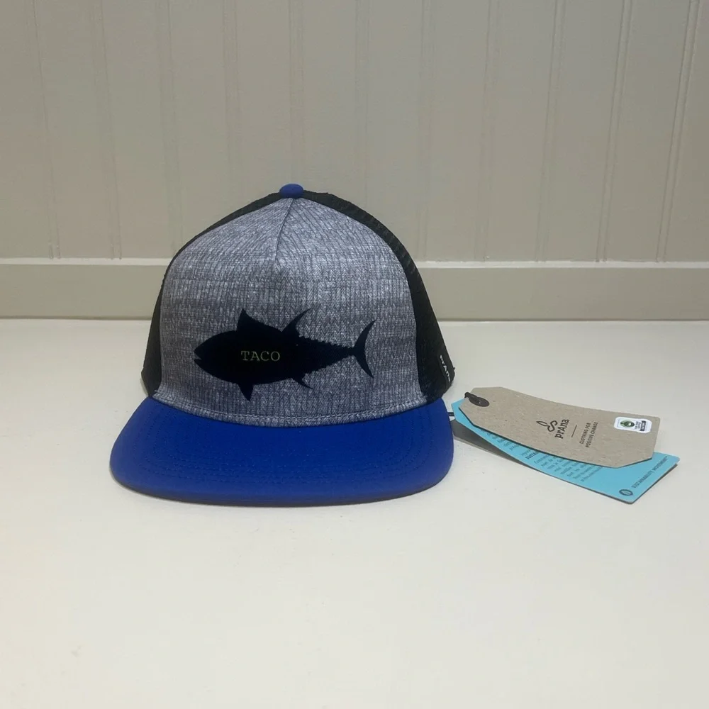 NWT PrAna Unisex Journeyman Trucker Flat Brim Hat Admiral  Blue Fish Taco OS